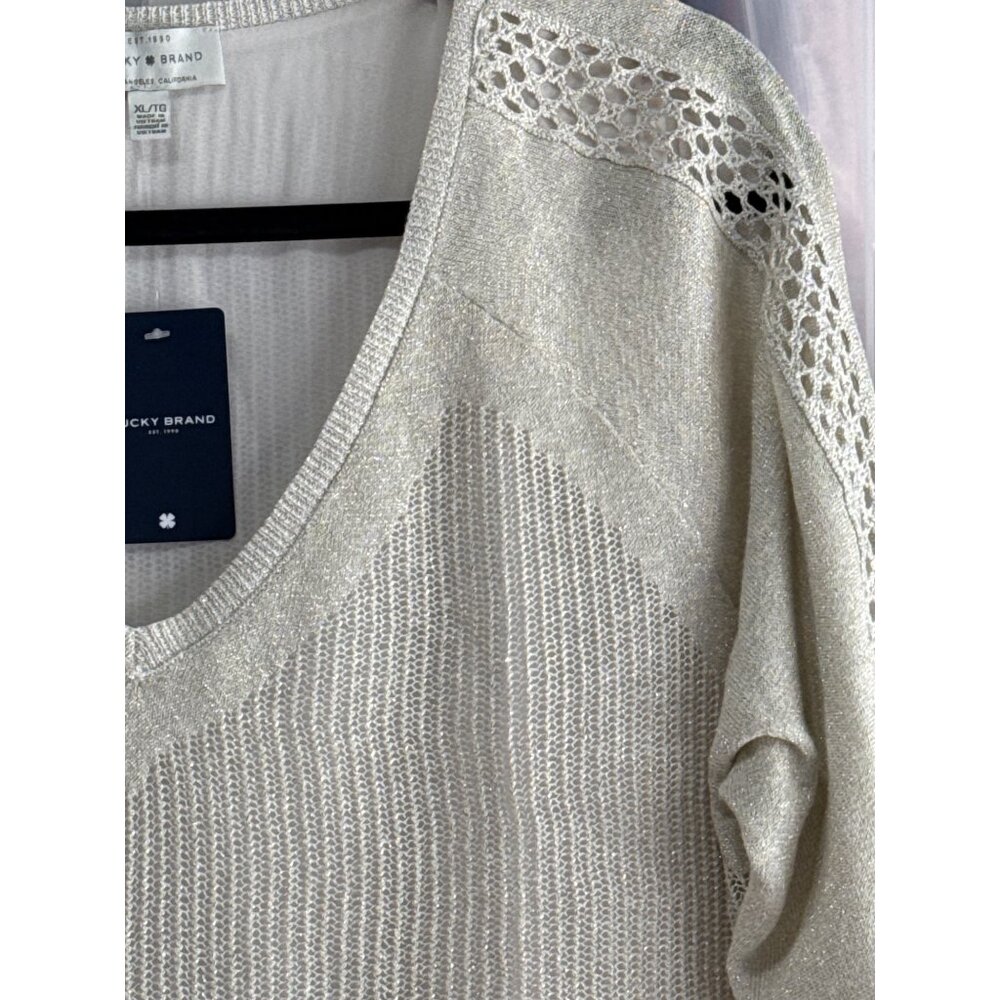 Lucky Brand Womens Metallic Knit Pullover Sweater Lace Shoulder XL Champagne - Picture 2 of 10